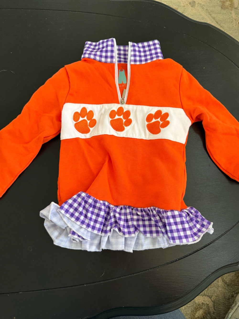 Orange Paw-Accent Pullover with Purple Gingham Ruffle
